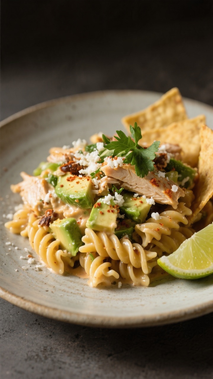 Final plated dish: Restaurant-quality close-up of a single serving of Southwest Chicken Pasta Salad 