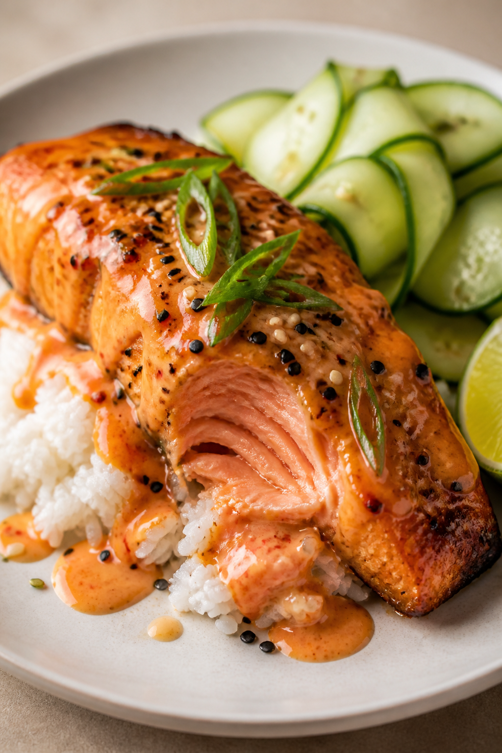 Final plated dish: Restaurant-quality plate of Bang Bang Salmon over fluffy jasmine rice, fillet gli