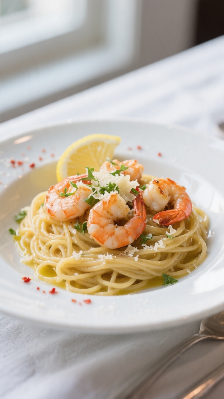 Final plated dish — Restaurant-quality presentation: Beautifully plated Lemon Garlic Shrimp Pasta