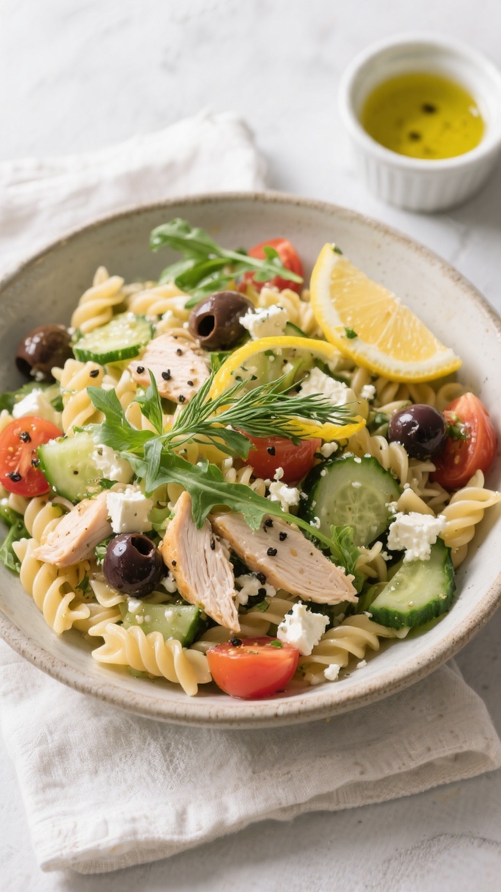 Final plated dish – restaurant-quality presentation: Tasty of Greek Chicken Feta Pasta Salad serve
