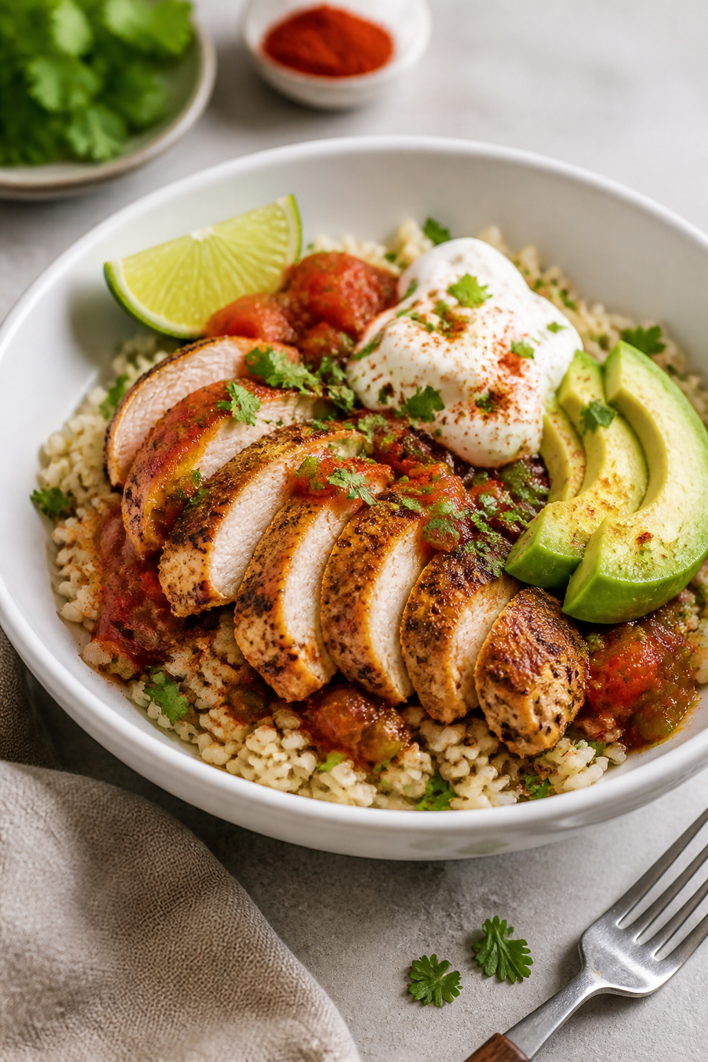 Final plated dish — Restaurant-quality presentation: Beautifully plated salsa chicken bowl in a wi