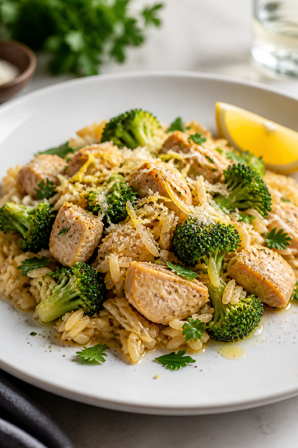 Final plated dish — Restaurant-quality presentation of a generous spoonful of chicken-broccoli ric