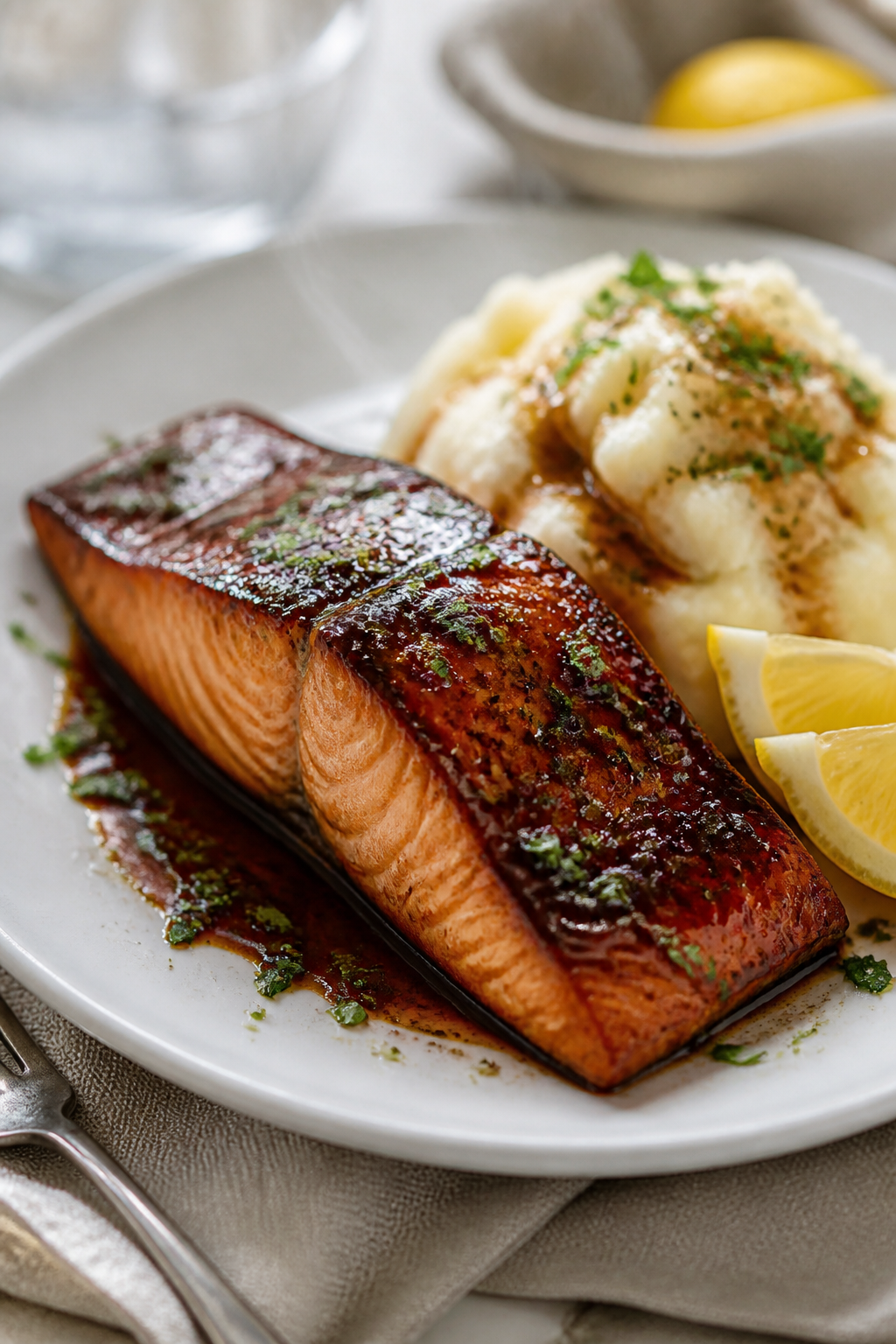 Final plated dish: Restaurant-quality presentation of balsamic glazed salmon on a white ceramic plat
