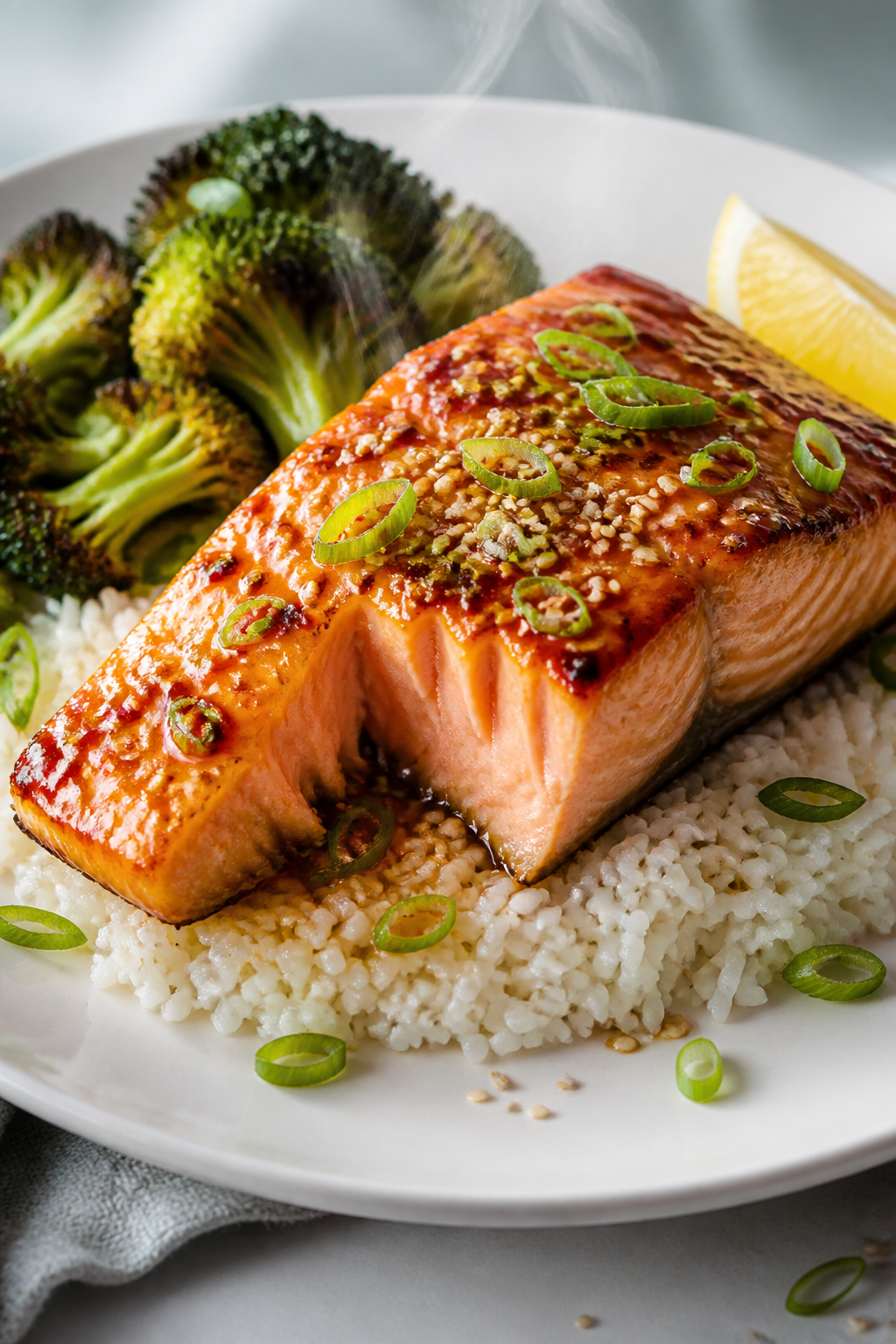 Final plated dish, restaurant-quality presentation: Beautifully plated Apricot Honey Salmon on a mat