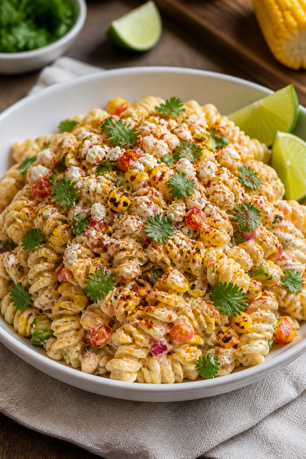 Final plated dish, restaurant-quality presentation: Skinny Mexican Street Corn Pasta Salad heaped in