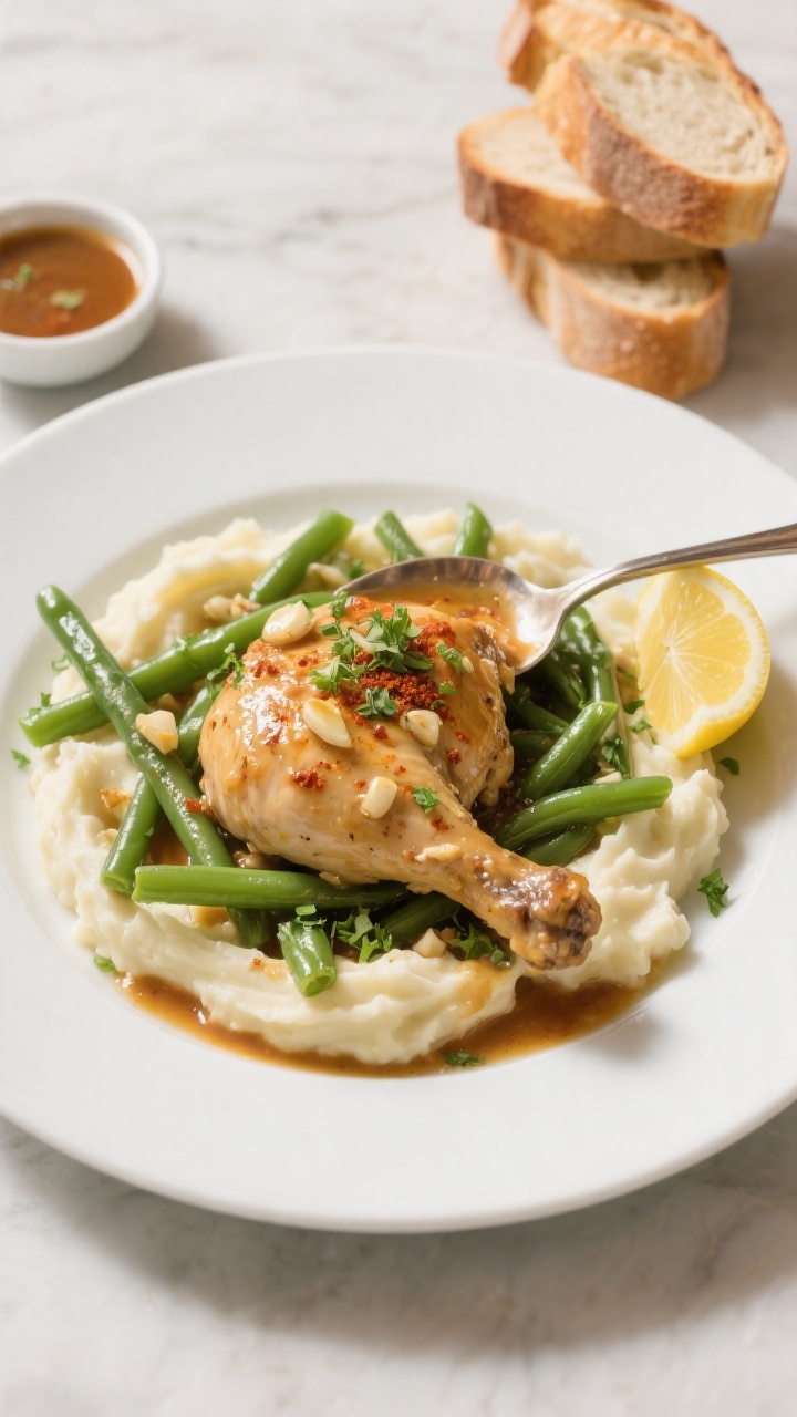 Final plated dish: Restaurant-quality presentation of garlic butter chicken and green beans served o