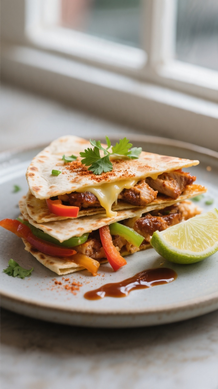 Final plated dish: Restaurant-quality presentation of BBQ chicken quesadillas stacked slightly offse