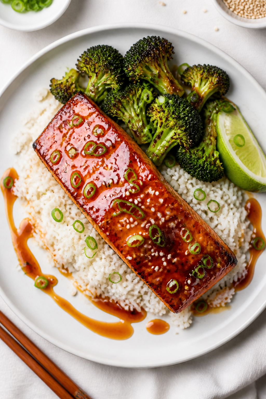 Final plated dish: Restaurant-quality presentation of sticky honey sriracha glazed salmon served ove