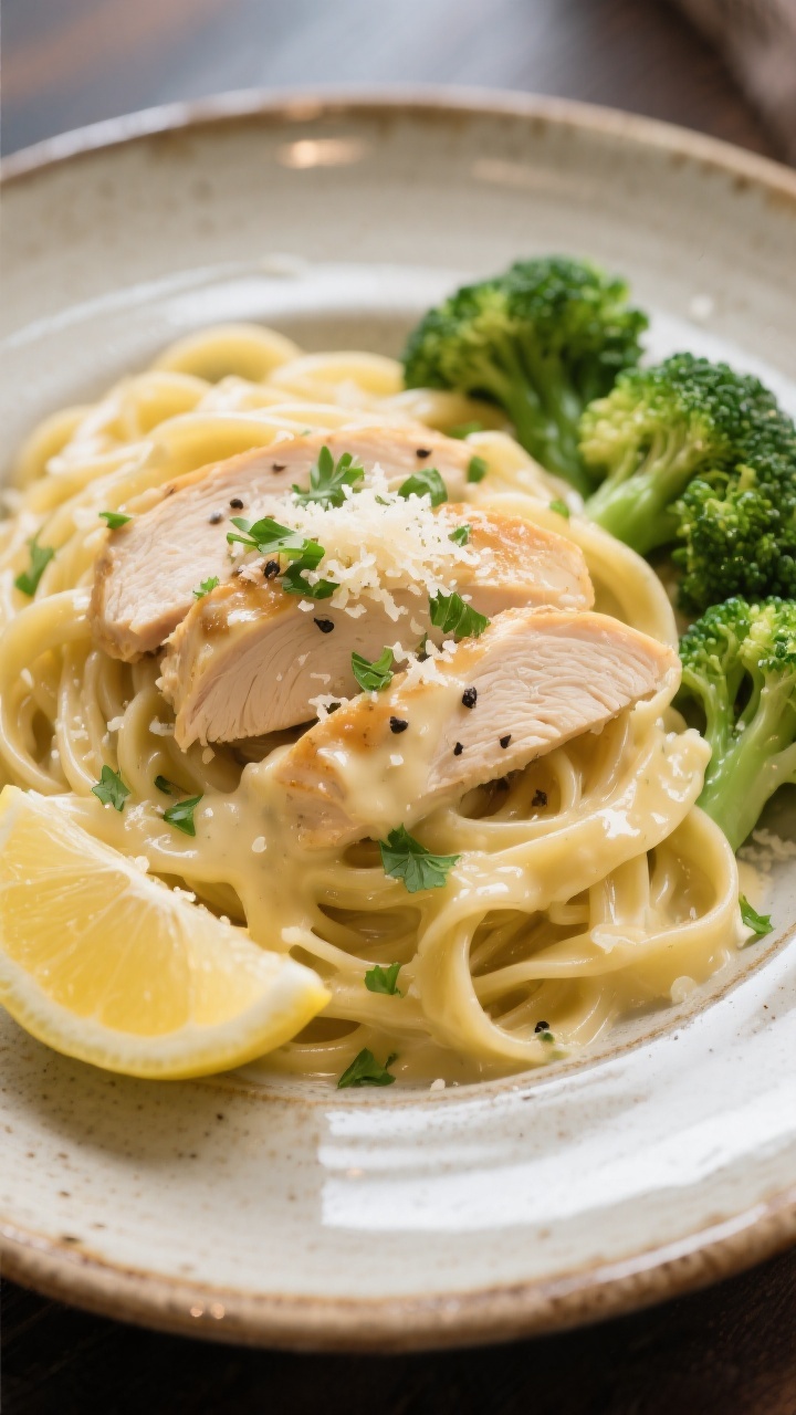 Final plated dish: Restaurant-quality presentation of Slow Cooker Chicken Alfredo, twirled fettuccin
