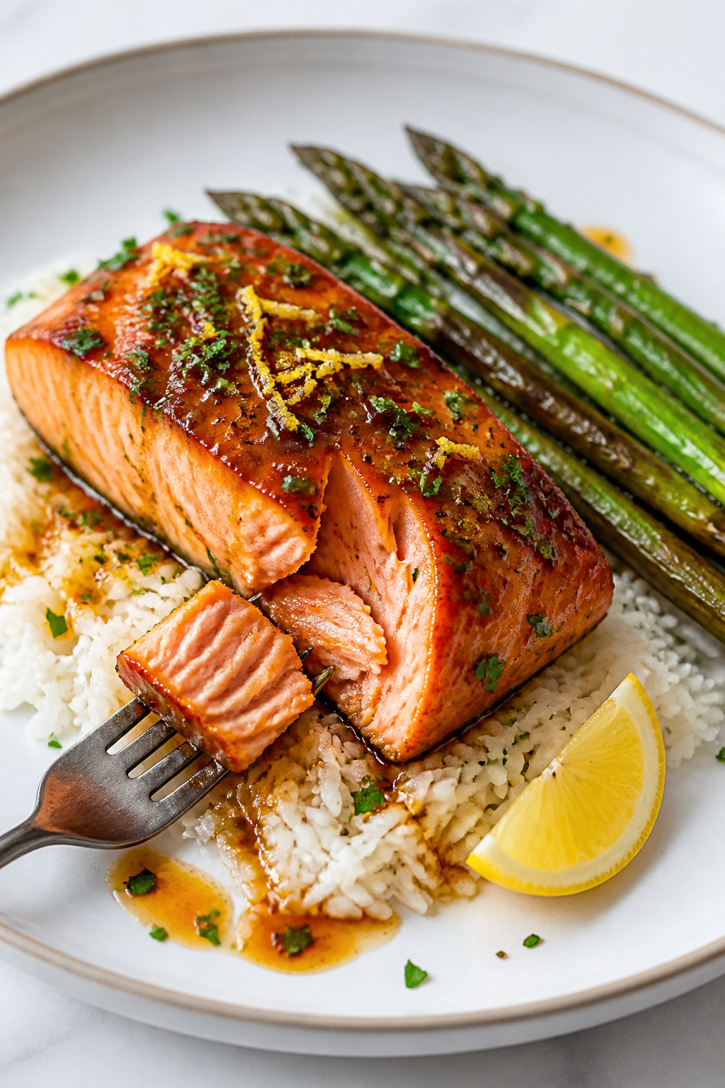 Final plated dish: Restaurant-quality presentation of Sweet Garlic Butter Glazed Salmon on a white r