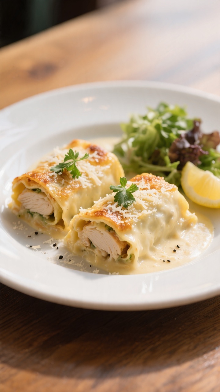 Final plated dish: Restaurant-quality presentation of two Chicken Alfredo Lasagna Roll Ups on a wide