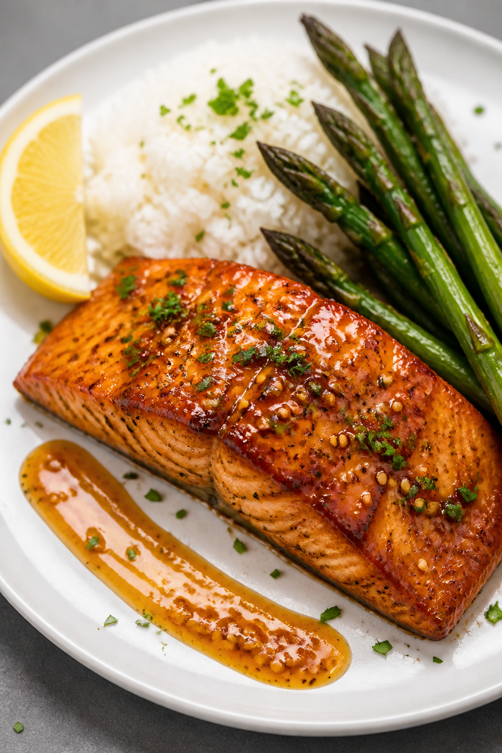 Final plated dish: Restaurant-quality presentation of honey mustard glazed salmon on a matte white p