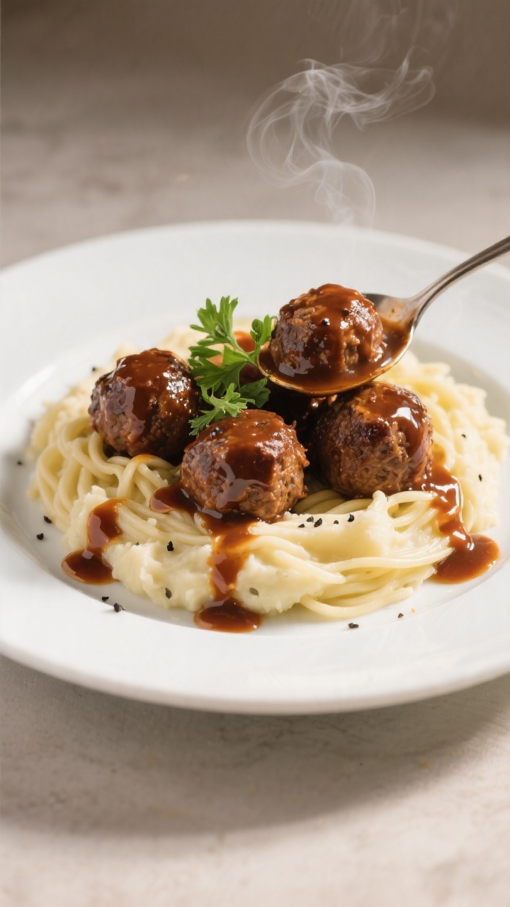 Final plated dish: Restaurant-quality presentation of BBQ meatballs over creamy mashed potatoes (or 