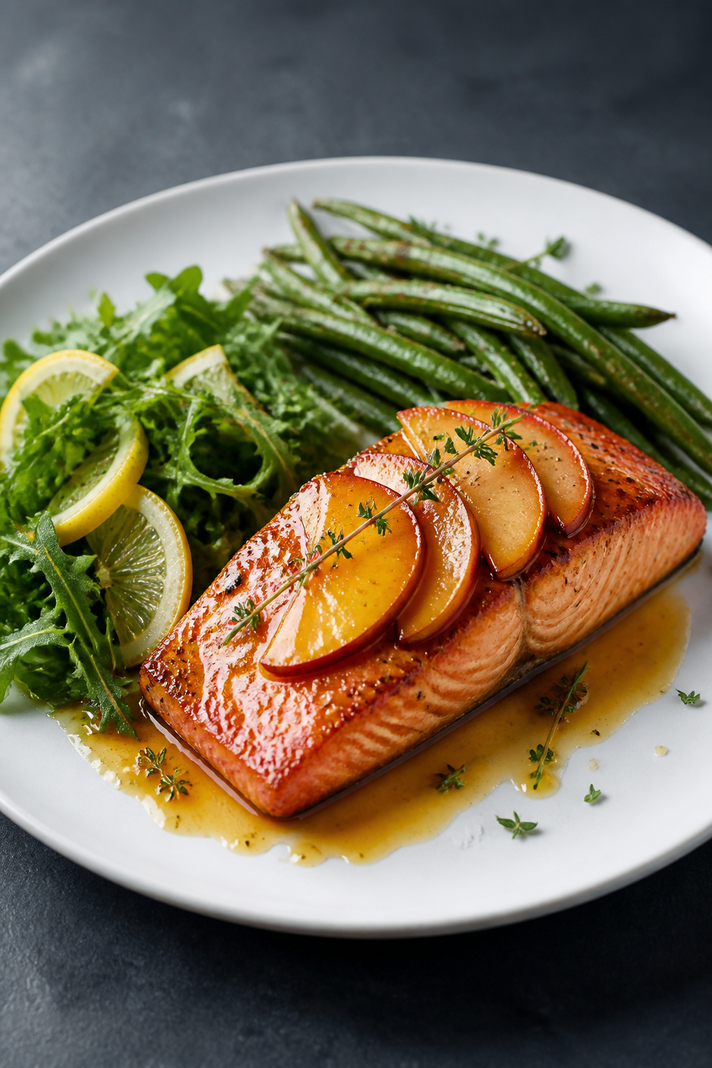 Final plated dish: Restaurant-quality presentation of a single salmon fillet lacquered with peach-ho