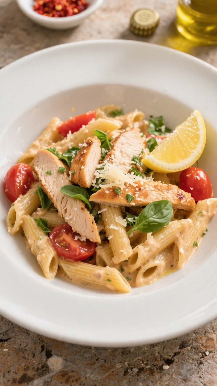 Final plated dish: Restaurant-quality presentation of Healthy Tuscan Chicken Pasta in a shallow whit