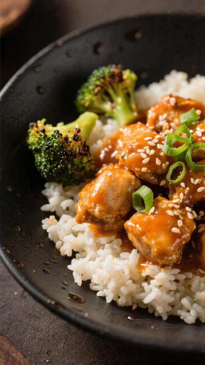 Final plated dish: Restaurant-quality presentation of orange chicken over cauliflower rice in a dark