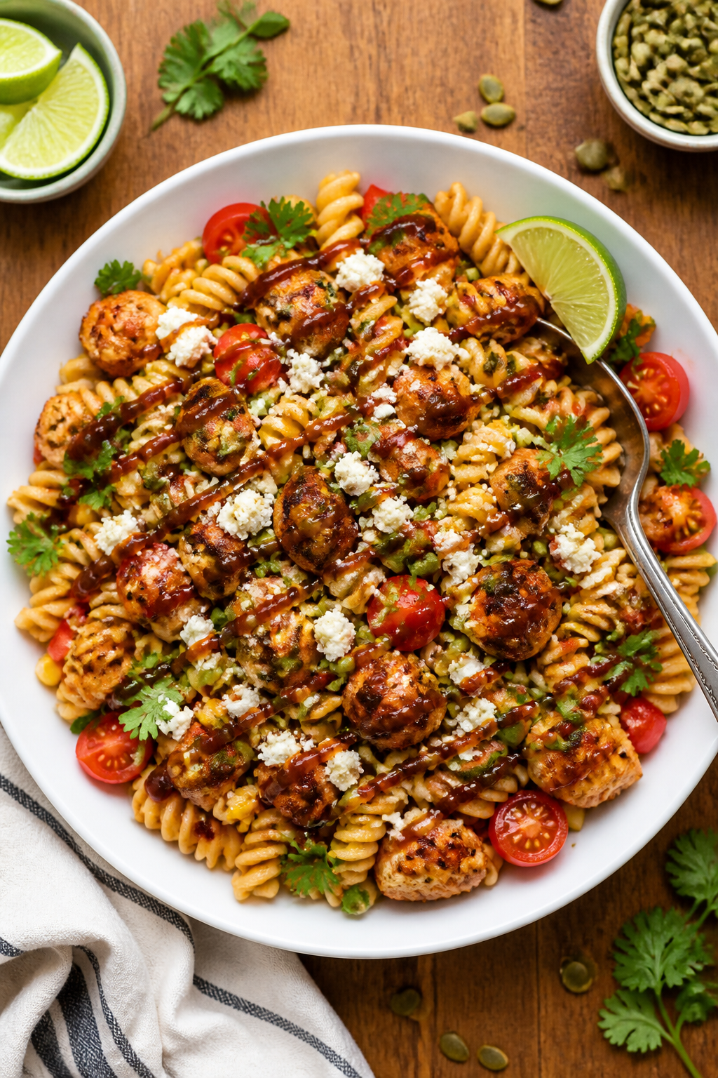 Final plated dish: Restaurant-quality presentation of Spicy Honey BBQ Chicken Pasta Salad mounded in