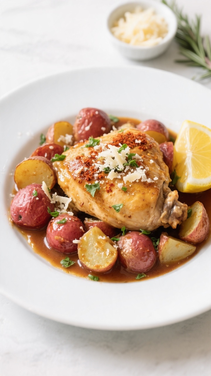 Final plated dish: Restaurant-quality presentation of Crockpot Garlic Parmesan Chicken & Potatoes on