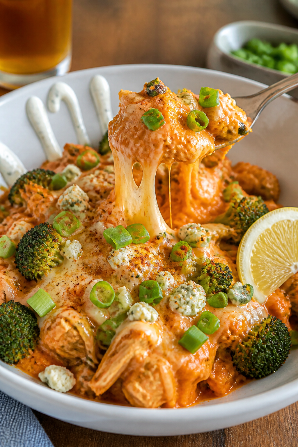 Final plated dish, restaurant-quality presentation: A generous scoop of the Buffalo Chicken Broccoli