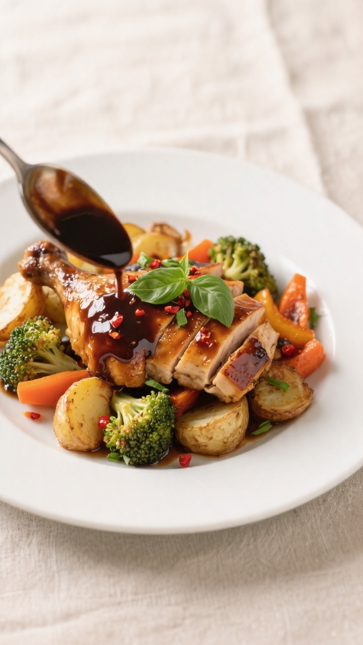Final plated dish: Restaurant-quality presentation of Crockpot Balsamic Chicken & Roasted Veggies—