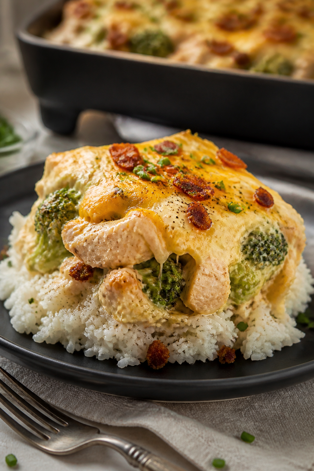 Final plated dish: Restaurant-quality presentation of a generous square of Chicken Broccoli Bacon Ra
