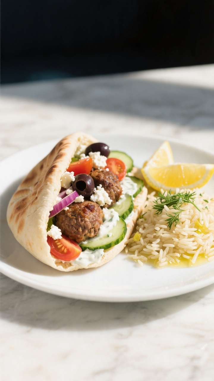 Final plated dish: Restaurant-quality presentation of Greek turkey meatballs stuffed into warm pitas