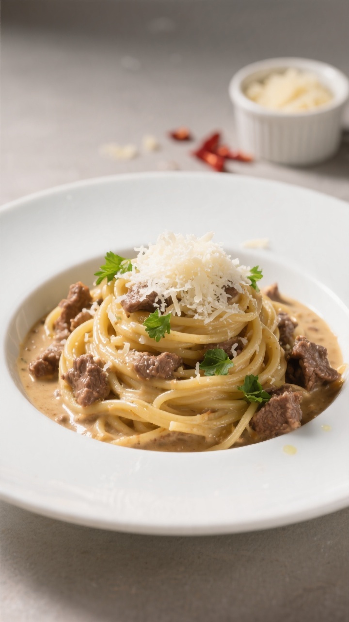 Final plated dish: Restaurant-quality presentation of the creamy beef pasta twirled high in a shallo