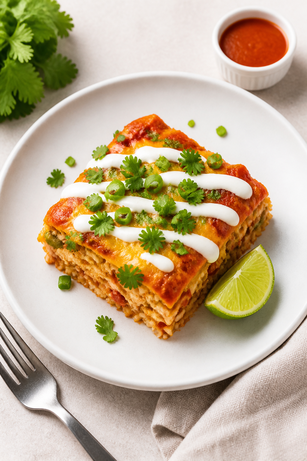 Final plated dish: Restaurant-quality presentation of a square slice of Healthy Chicken Enchilada Ri
