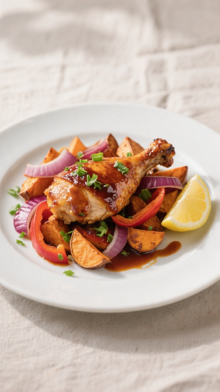 Final plated dish, restaurant-quality presentation: BBQ chicken thigh (or evenly sized breast cutlet