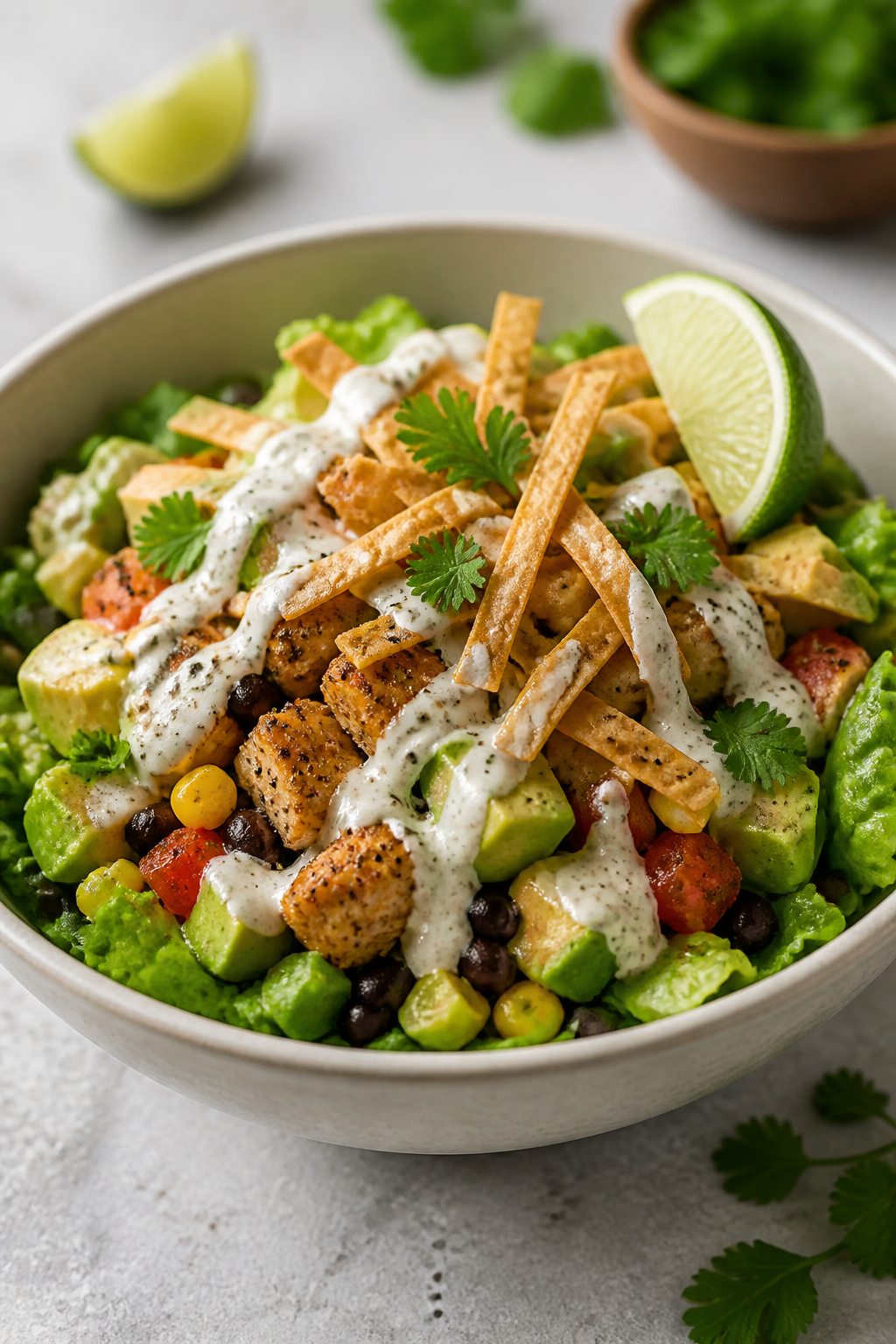 Final plated dish, restaurant-quality presentation: Individual bowl of Healthy Taco Chicken Salad ar