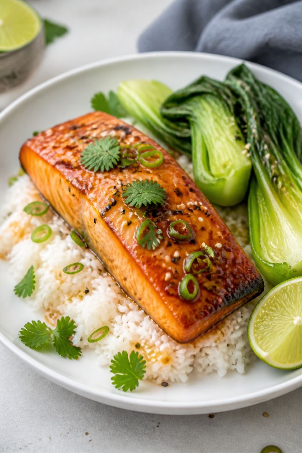 Final plated dish: Restaurant-quality presentation of mango chili glazed salmon on a shallow white p