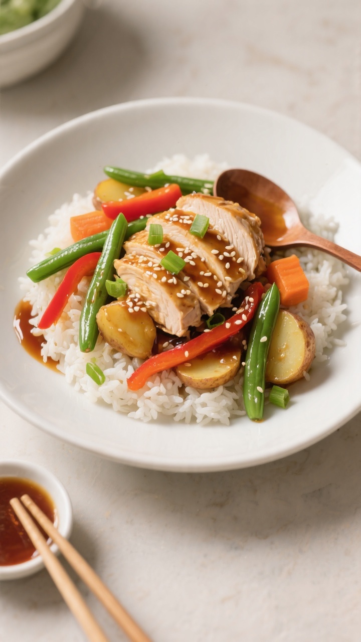 Final plated dish: Restaurant-quality presentation of Slow Cooker Honey Garlic Chicken & Veggies ove