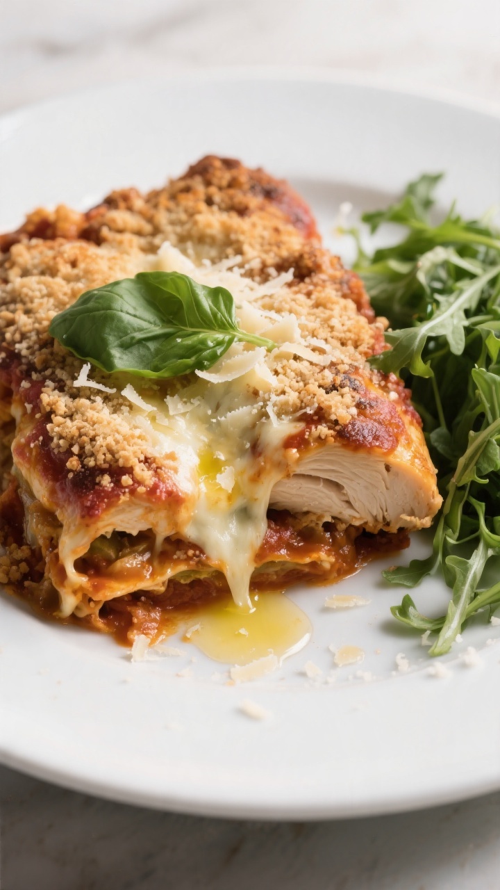 Final plated dish: Restaurant-quality serving of Chicken Parmesan Casserole scooped onto a wide whit