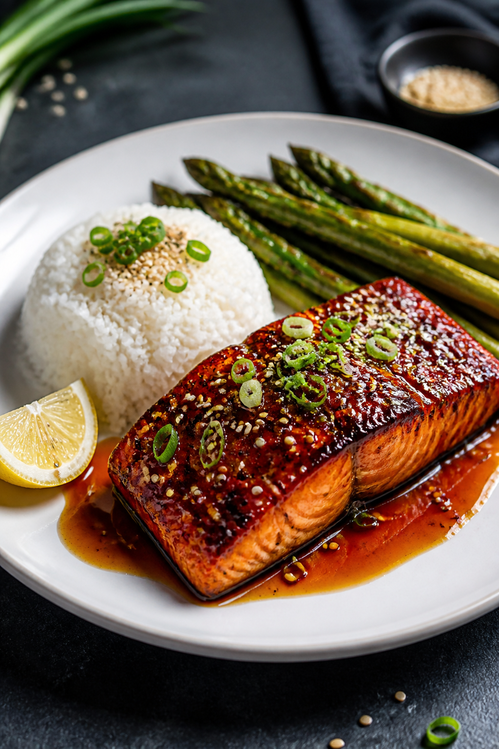 Final plated dish, restaurant-style: Beautifully plated honey garlic glazed salmon on a matte white 