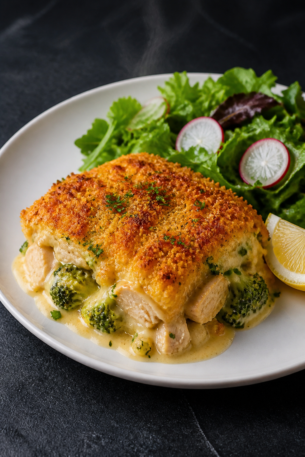 Final plated dish shot: Restaurant-quality presentation of a generous square of Cheddar Crusted Chic