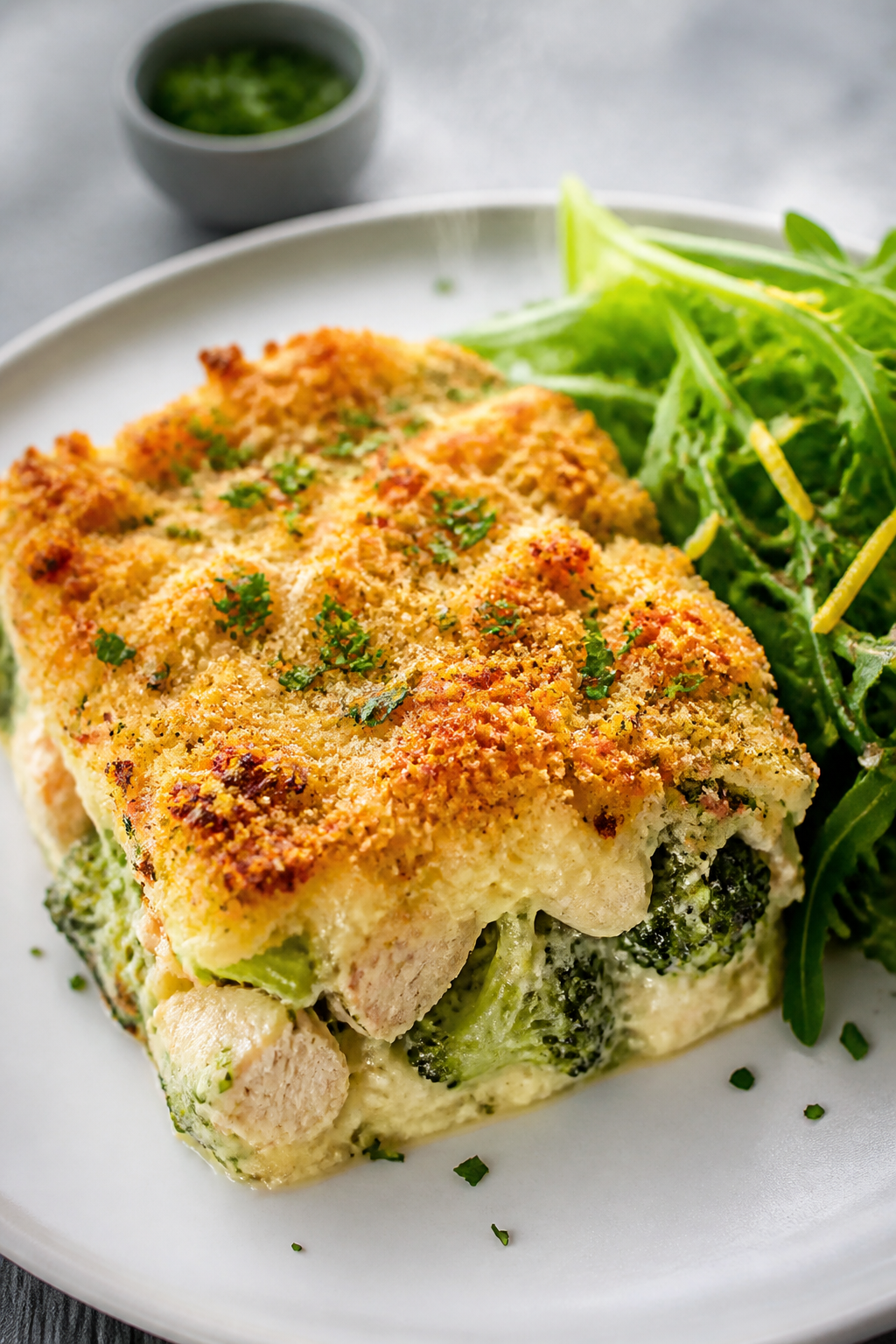 Final plated dish shot: Restaurant-quality presentation of a generous square of Crispy Parmesan Chic