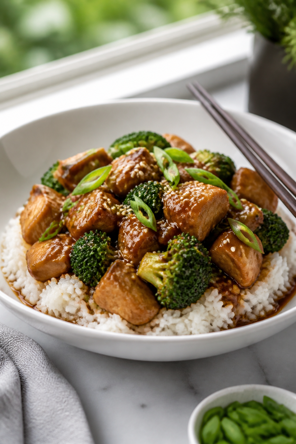Final plated dish, three-quarter angle: Beautifully plated Easy Chicken Broccoli Stir Fry mounded ov