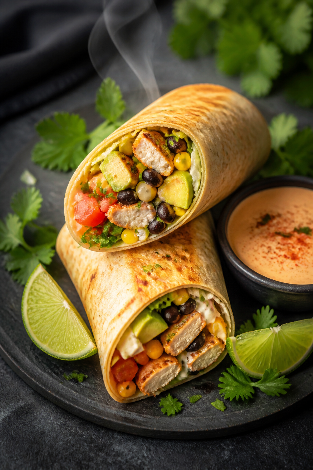 Final plated dish: Two tightly rolled Healthy Mexican Chicken Wraps, one sliced on the bias to revea
