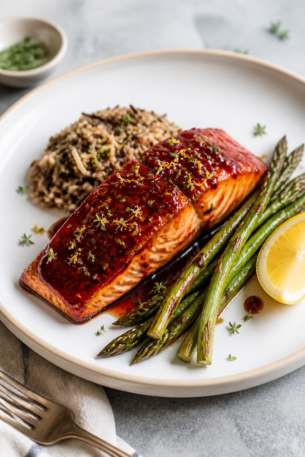 Final plated elegance: Raspberry Balsamic Salmon glazed with a glossy, seed-free, jammy raspberry-ba