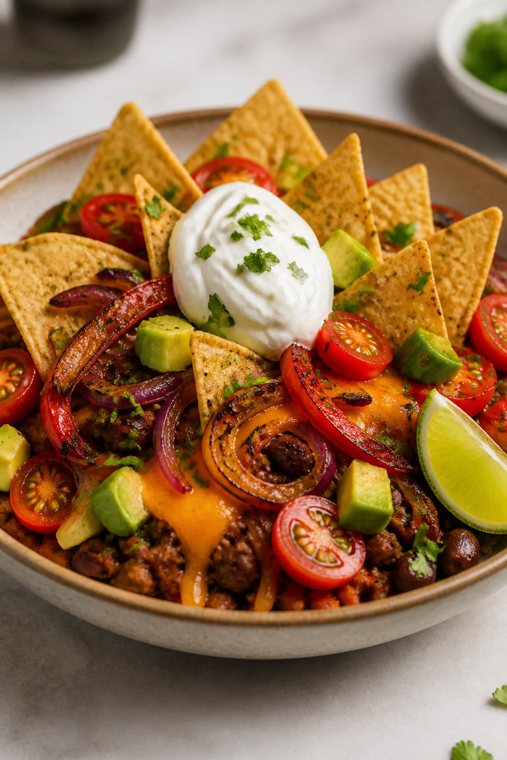 Final plated glamour: Beautifully plated single Healthy Loaded Nacho Bowl in a wide, shallow ceramic