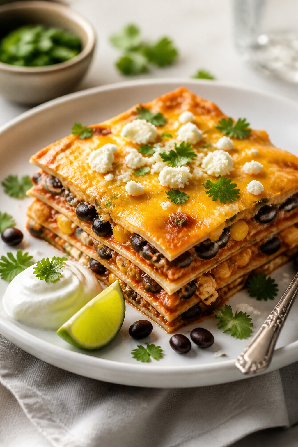 Final plated hero: A clean slice of Healthy Mexican Lasagna on a white ceramic plate, distinct torti