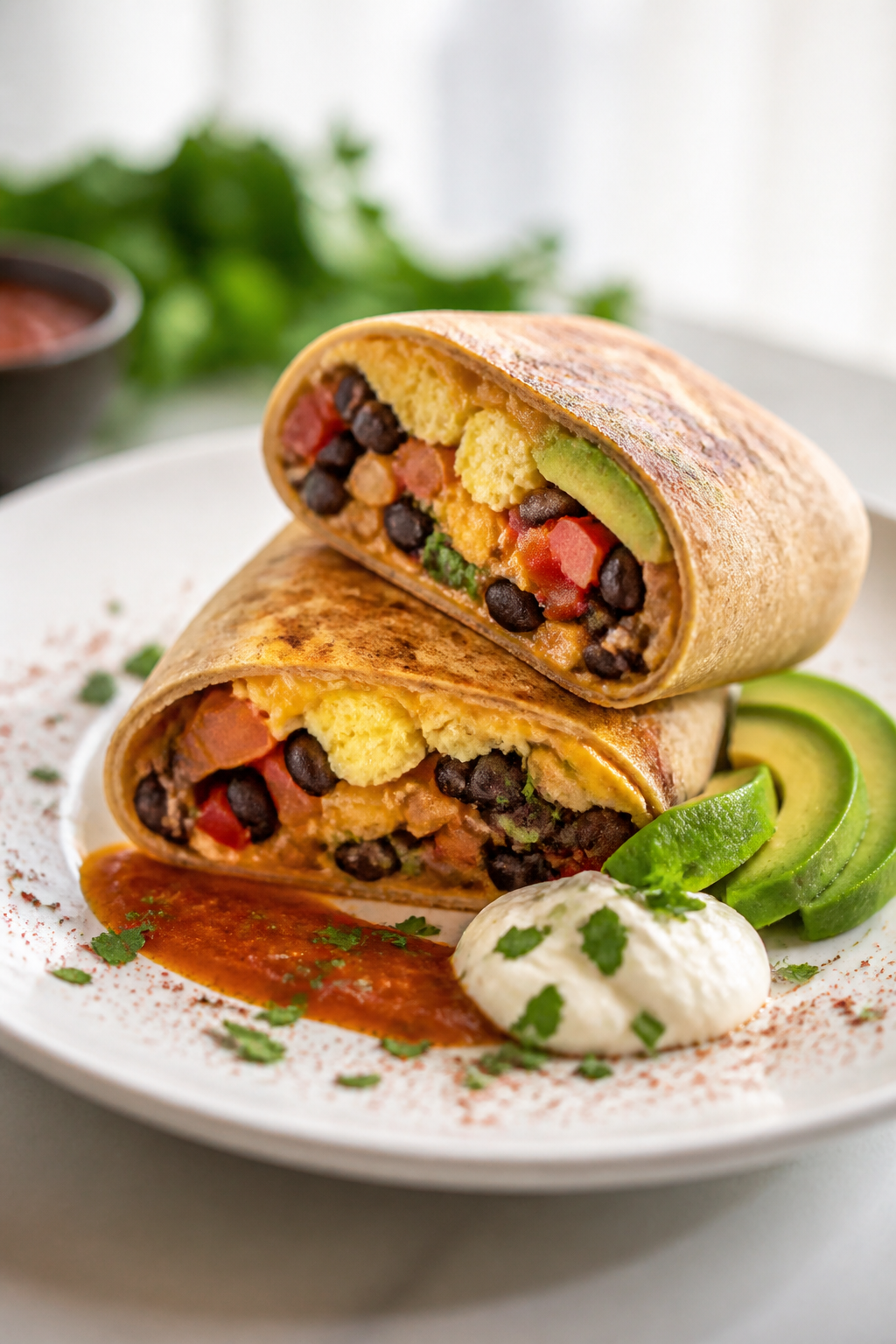 Final plated hero: Beautifully plated Healthy Mexican Breakfast Burrito, seam-side down with a light