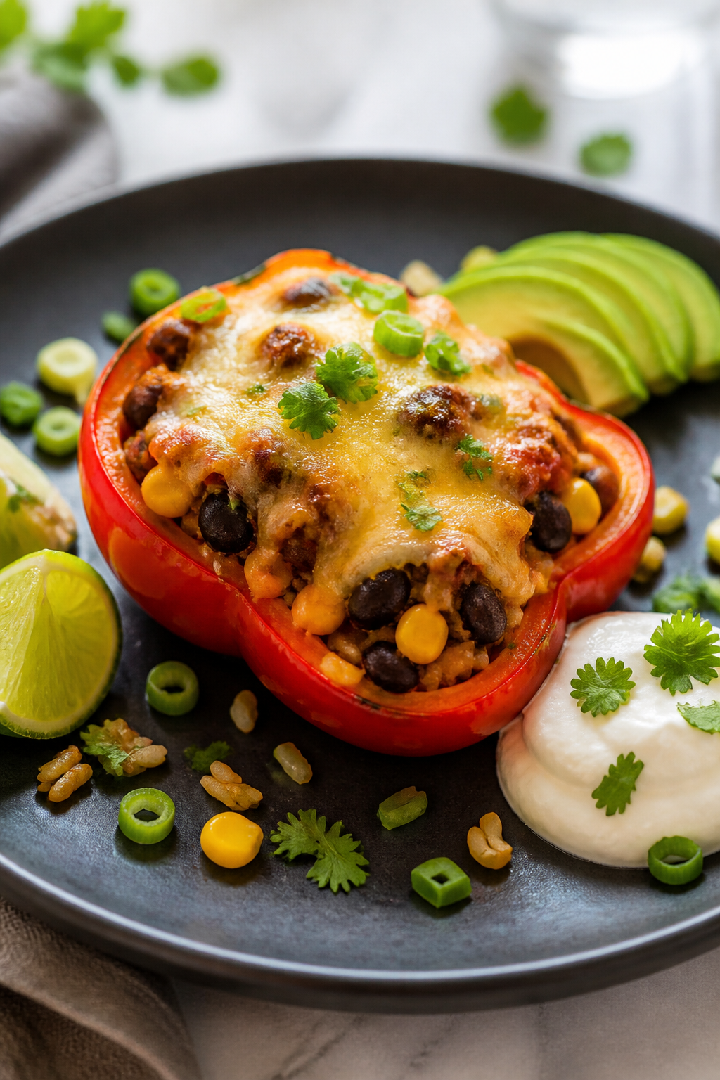 Final plated hero: Beautifully plated Healthy Taco Stuffed Bell Pepper on a matte charcoal plate, ch