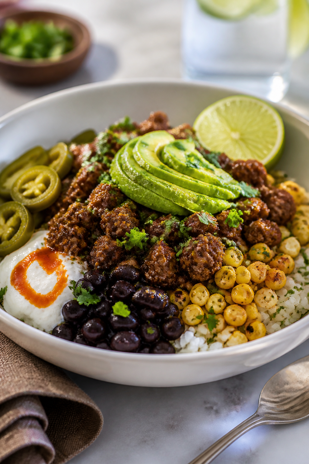 Final plated hero: Beautifully plated High Protein Beef Burrito Bowl in a wide, shallow white bowl, 