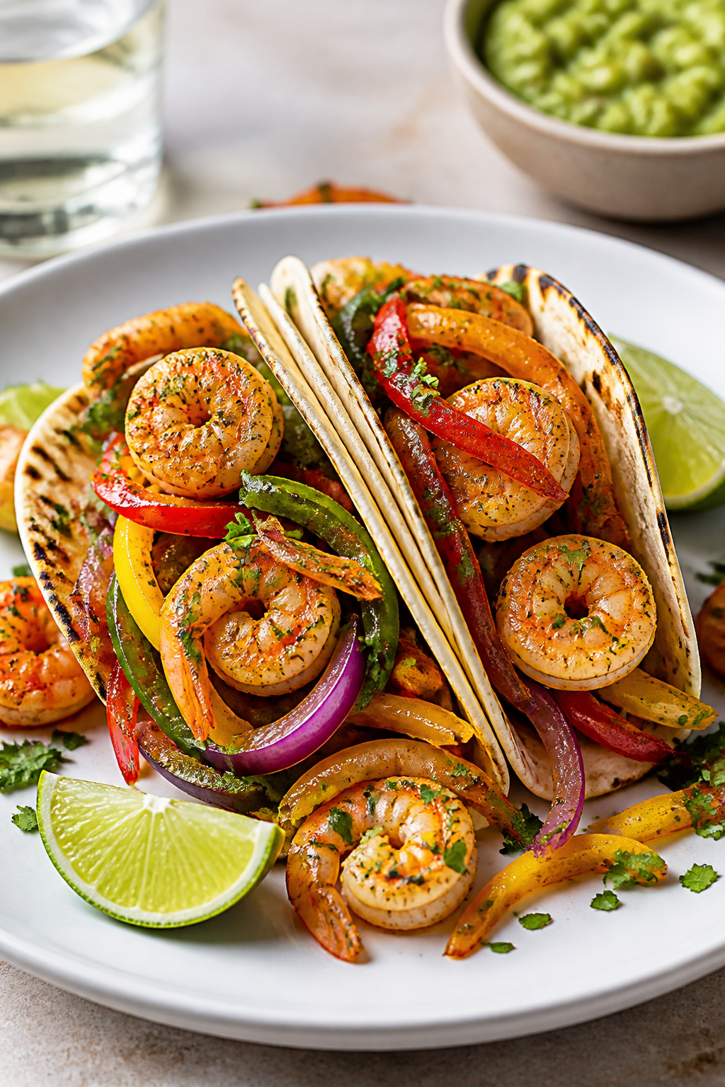 Final plated hero: Beautifully plated shrimp fajitas on a wide white plate—two assembled tacos wit