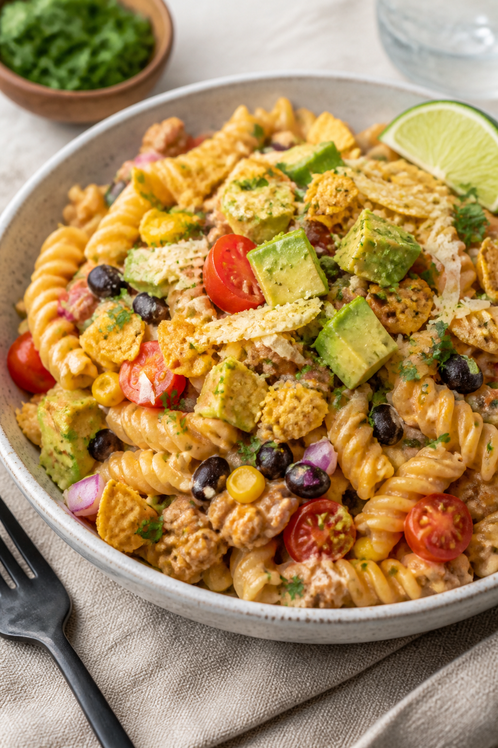Final plated hero: Beautifully presented High Protein Loaded Taco Pasta Salad in a shallow ceramic b