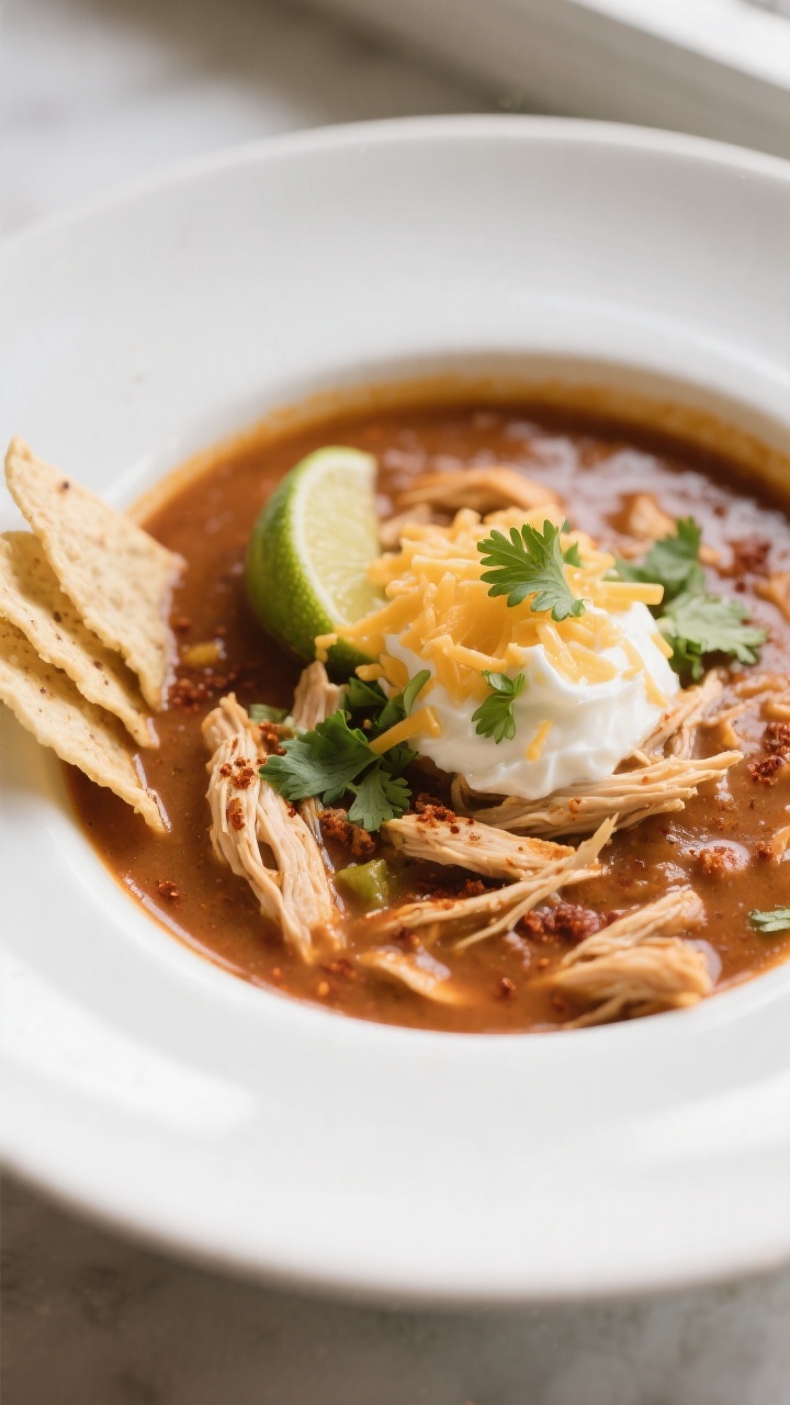 Final plated, hero close-up: Beautifully plated Crockpot Chicken Enchilada Soup in a wide, shallow w