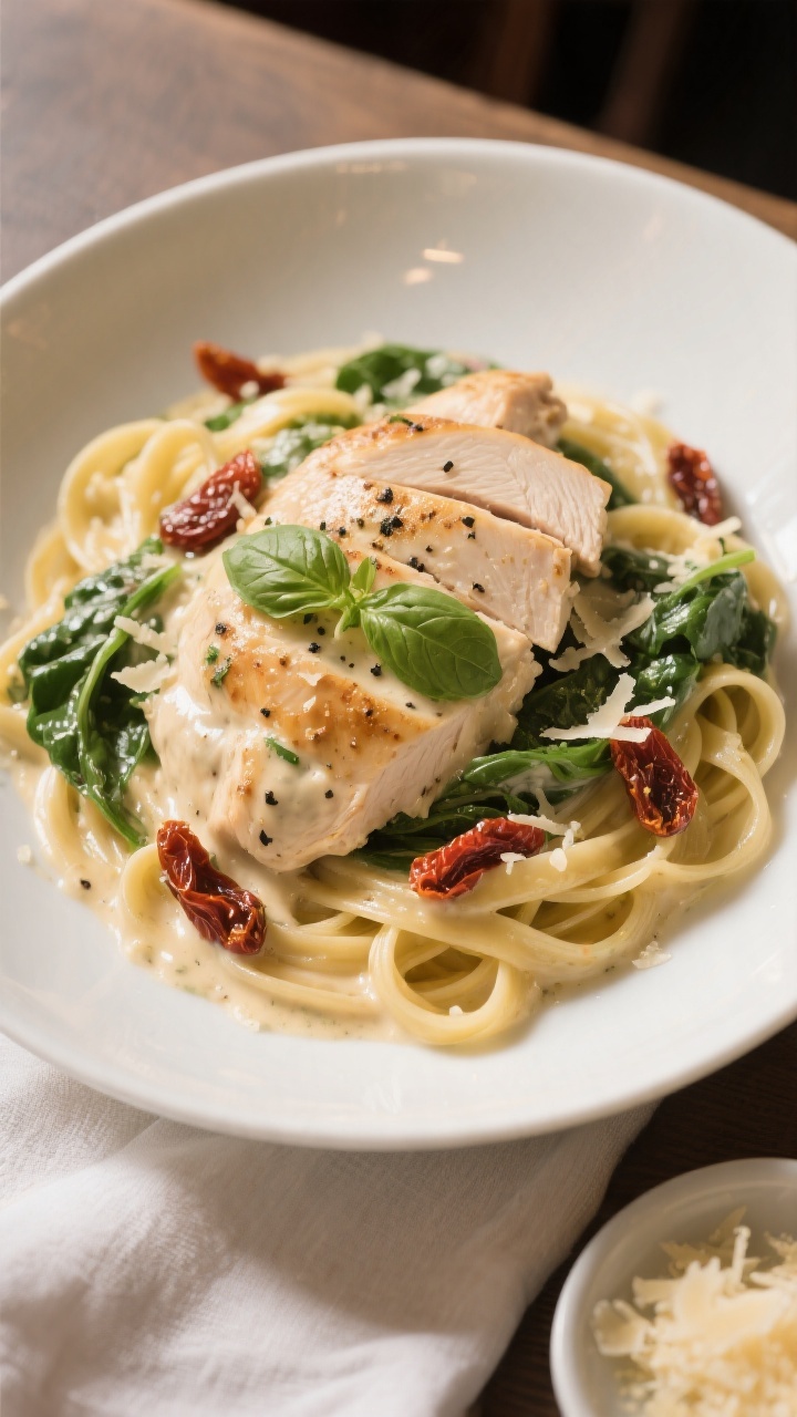 Final plated hero: Creamy Tuscan Chicken served over al dente fettuccine on a wide, shallow white bo