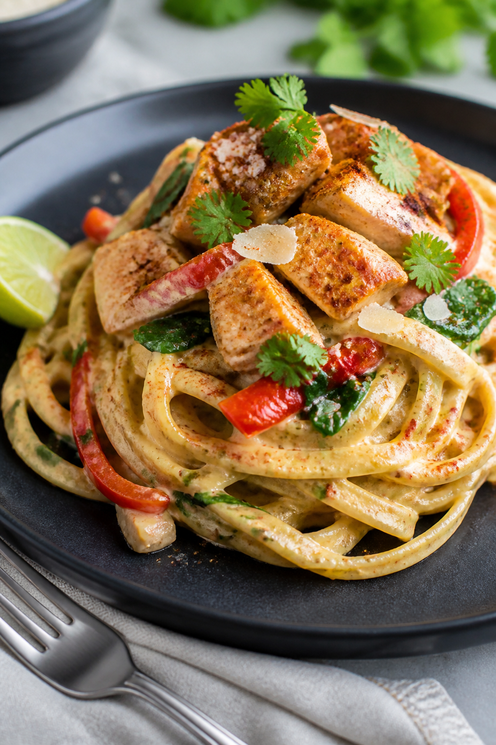 Final plated hero: Restaurant-quality plating of Healthy Mexican Chicken Alfredo twirled into a neat