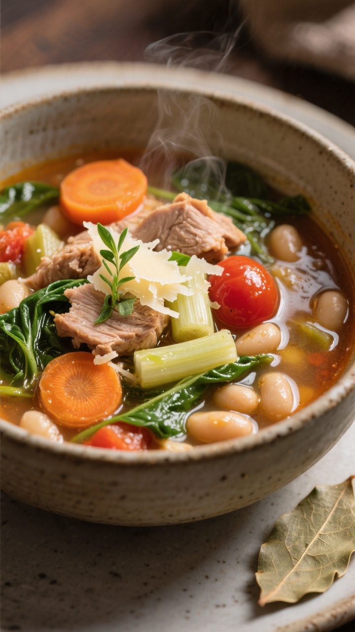 Final plated hero: Restaurant-quality presentation of Slow Cooker Turkey Minestrone in a stoneware b